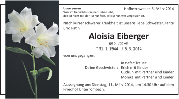 Traueranzeige von Aloisia eiberger von Schwäbische Post