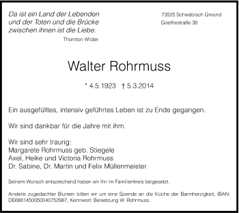 Traueranzeige von Walter Rohrmuss von Gmünder Tagespost