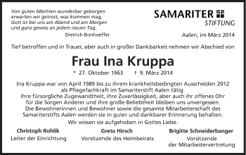 Traueranzeige von Ina Kruppa von Schwäbische Post