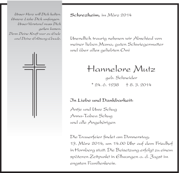 Traueranzeige von Hannelore Mutz von Schwäbische Post