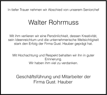 Traueranzeige von Walter Rohrmuss von Gmünder Tagespost