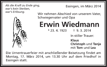 Traueranzeige von Erwin Wiedmann von Schwäbische Post