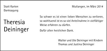 Traueranzeige von Theresia Deininger von Gmünder Tagespost