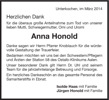 Traueranzeige von Anna Honold von Schwäbische Post