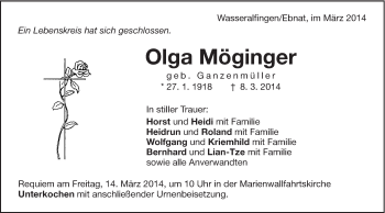 Traueranzeige von Olga Möginger von Schwäbische Post