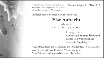 Traueranzeige von Else Aufrecht von Schwäbische Post