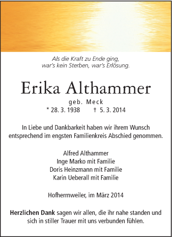 Traueranzeige von Erika Althammer von Schwäbische Post