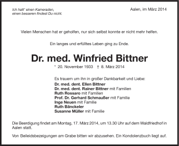 Traueranzeige von Winfried Bittner von Schwäbische Post
