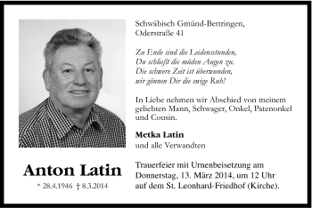 Traueranzeige von Anton Latin von Gmünder Tagespost