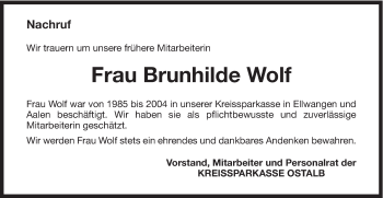 Traueranzeige von Brunhilde Wolf von Schwäbische Post