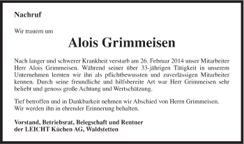 Traueranzeige von Alois Grimmeisen von Gmünder Tagespost
