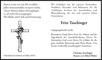 Traueranzeige von Fritz Taschinger von Gmünder Tagespost