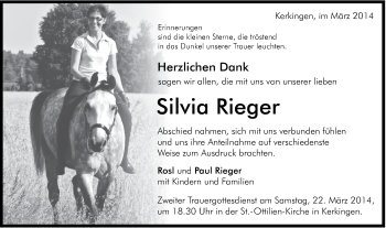 Traueranzeige von Silvia Rieger von Schwäbische Post