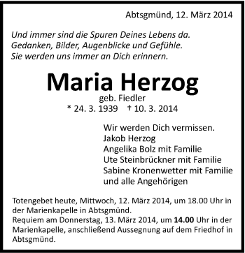 Traueranzeige von Maria Herzog von Schwäbische Post