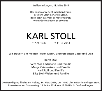 Traueranzeige von Karl Stoll von Schwäbische Post