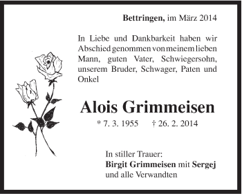 Traueranzeige von Alois Grimmeisen von Gmünder Tagespost