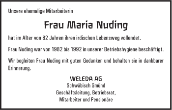 Traueranzeige von Maria Nuding von Gmünder Tagespost