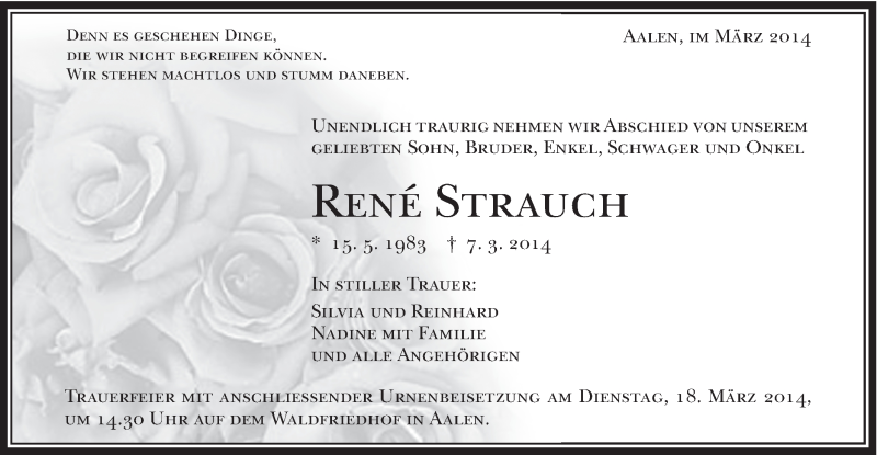  Traueranzeige für René Strauch vom 15.03.2014 aus Schwäbische Post