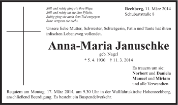 Traueranzeige von Anna-Maria Januschke von Gmünder Tagespost