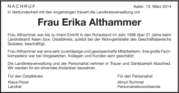 Traueranzeige von Erika Althammer von Schwäbische Post