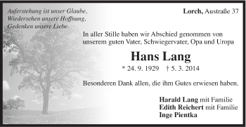 Traueranzeige von Hans Lang von Gmünder Tagespost