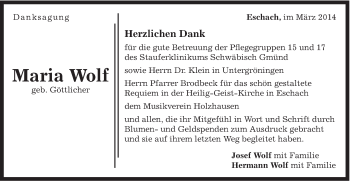 Traueranzeige von Maria Wolf von Gmünder Tagespost