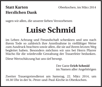 Traueranzeige von Luise Schmid von Schwäbische Post