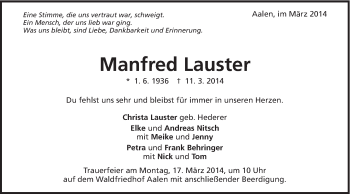 Traueranzeige von Manfred Lauster von Schwäbische Post