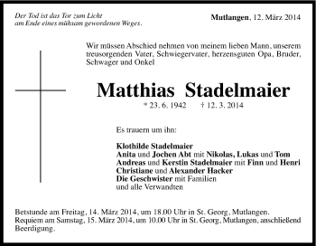 Traueranzeige von Matthias Stadelmaier von Gmünder Tagespost
