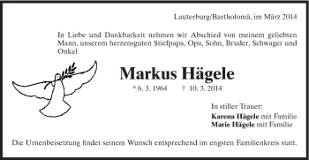 Traueranzeige von Markus Hägele von Schwäbische Post