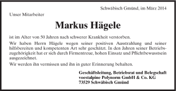 Traueranzeige von Markus Hägele von Schwäbische Post