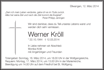 Traueranzeige von Werner Kröll von Schwäbische Post