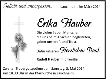 Traueranzeige von Erika Hauber von Schwäbische Post