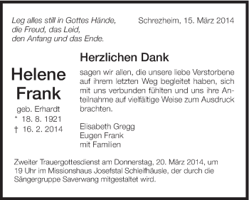 Traueranzeige von Helene Frank von Schwäbische Post