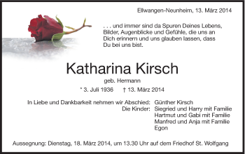 Traueranzeige von Katharina Kirsch von Schwäbische Post