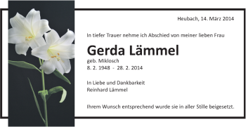 Traueranzeige von Gerda Lämmel von Gmünder Tagespost