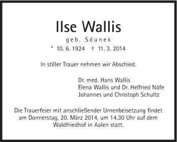 Traueranzeige von Ilse Wallis von Schwäbische Post