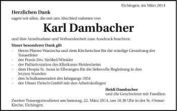 Traueranzeige von Karl Dambacher von Schwäbische Post
