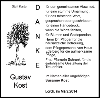 Traueranzeige von Gustav Kost von Gmünder Tagespost