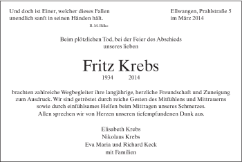 Traueranzeige von Fritz Krebs von Schwäbische Post