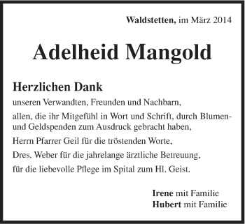 Traueranzeige von Adelheid Mangold von Gmünder Tagespost
