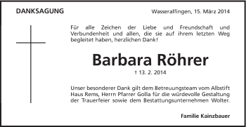 Traueranzeige von Barbara Röhrer von Schwäbische Post