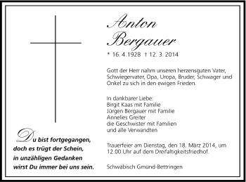 Traueranzeige von Anton Bergauer von Gmünder Tagespost