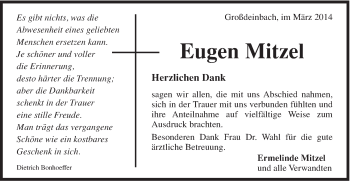 Traueranzeige von Eugen Mitzel von Gmünder Tagespost