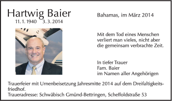 Traueranzeige von Hartwig Baier von Gmünder Tagespost
