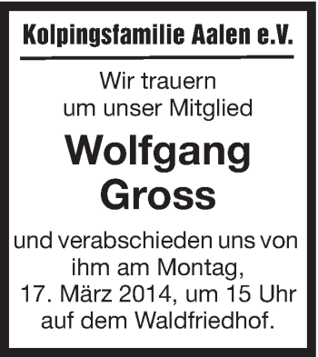 Traueranzeige von Wolfgang Gross von Schwäbische Post