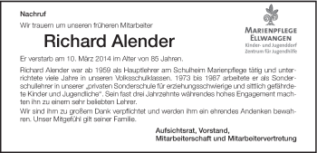 Traueranzeige von Richard Alender von Schwäbische Post