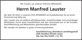 Traueranzeige von Manfred Lauster von Schwäbische Post