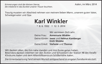 Traueranzeige von Karl Winkler von Schwäbische Post