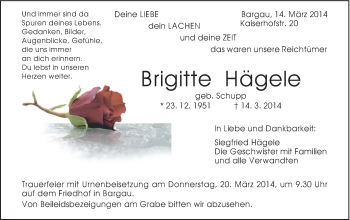 Traueranzeige von Brigitte Hägele von Gmünder Tagespost